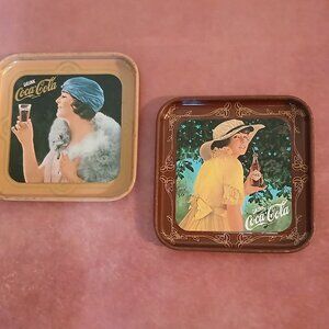 1977-Two Metal Italian Coca-Cola Advertising Mini Trays-Woman Design
